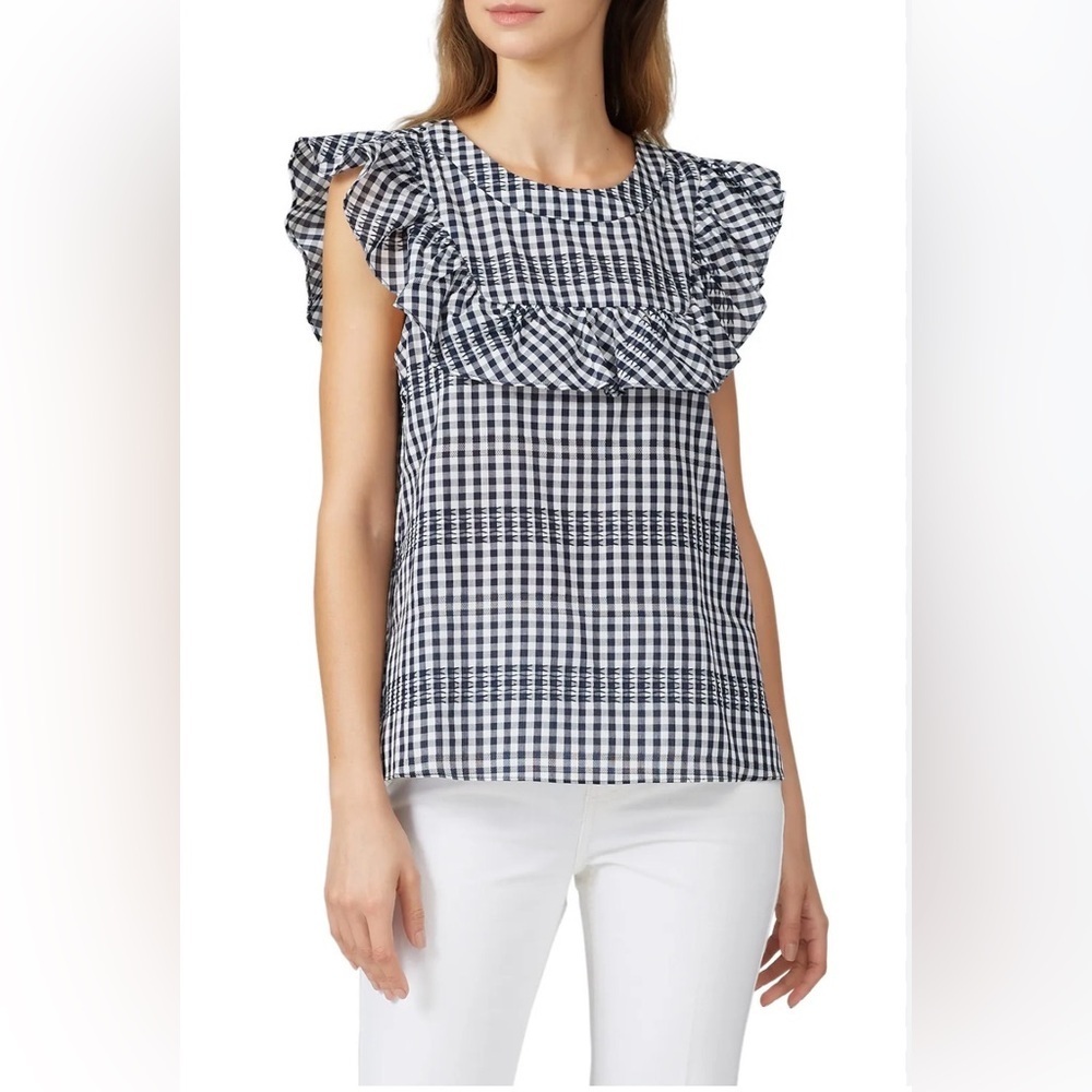 Waverly Grey Gingham Ruffle Bib Babydoll Top Navy White Flutter Sleeve XS